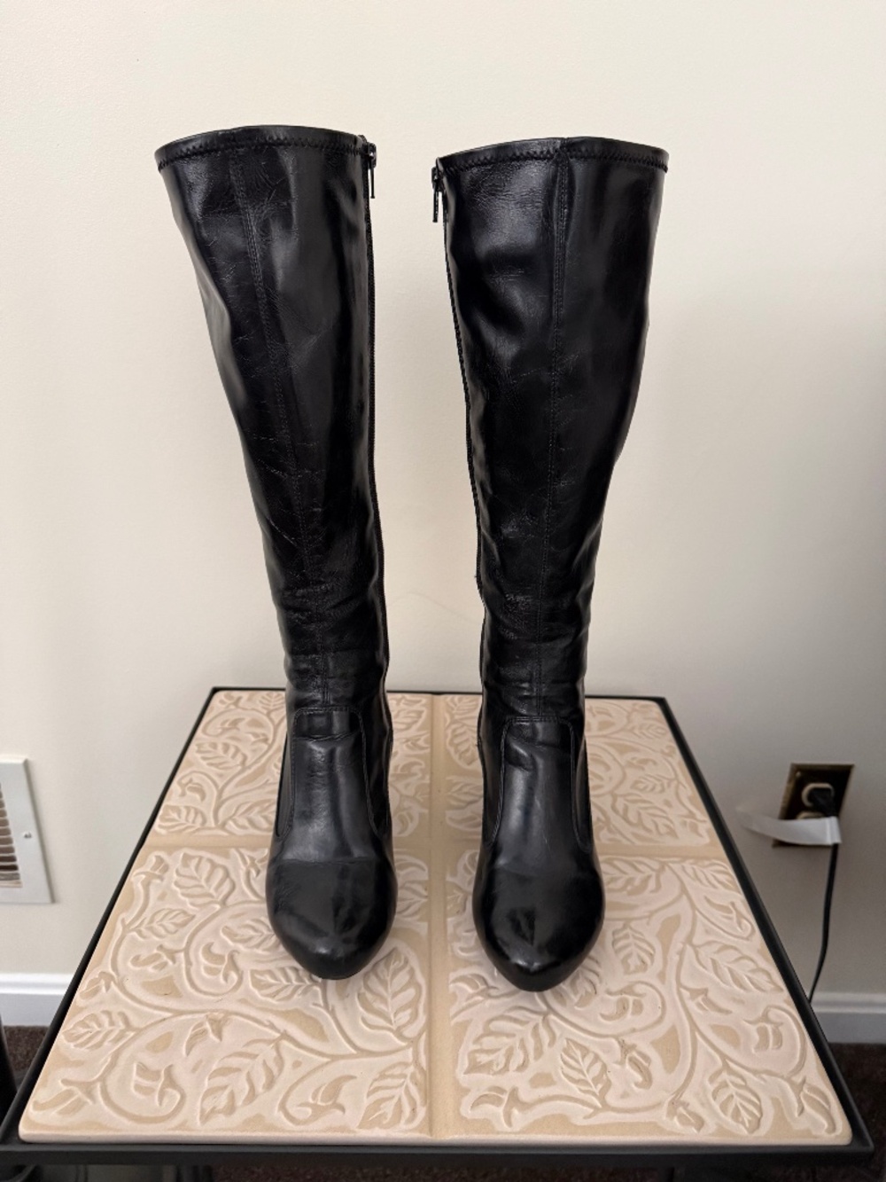Indigo by Clarks Glossy Black Leather Knee High Heeled Boots